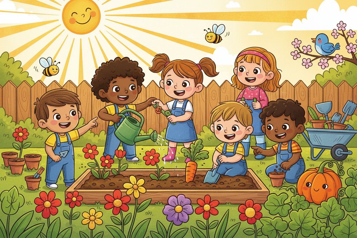 Children playing in backyard garden