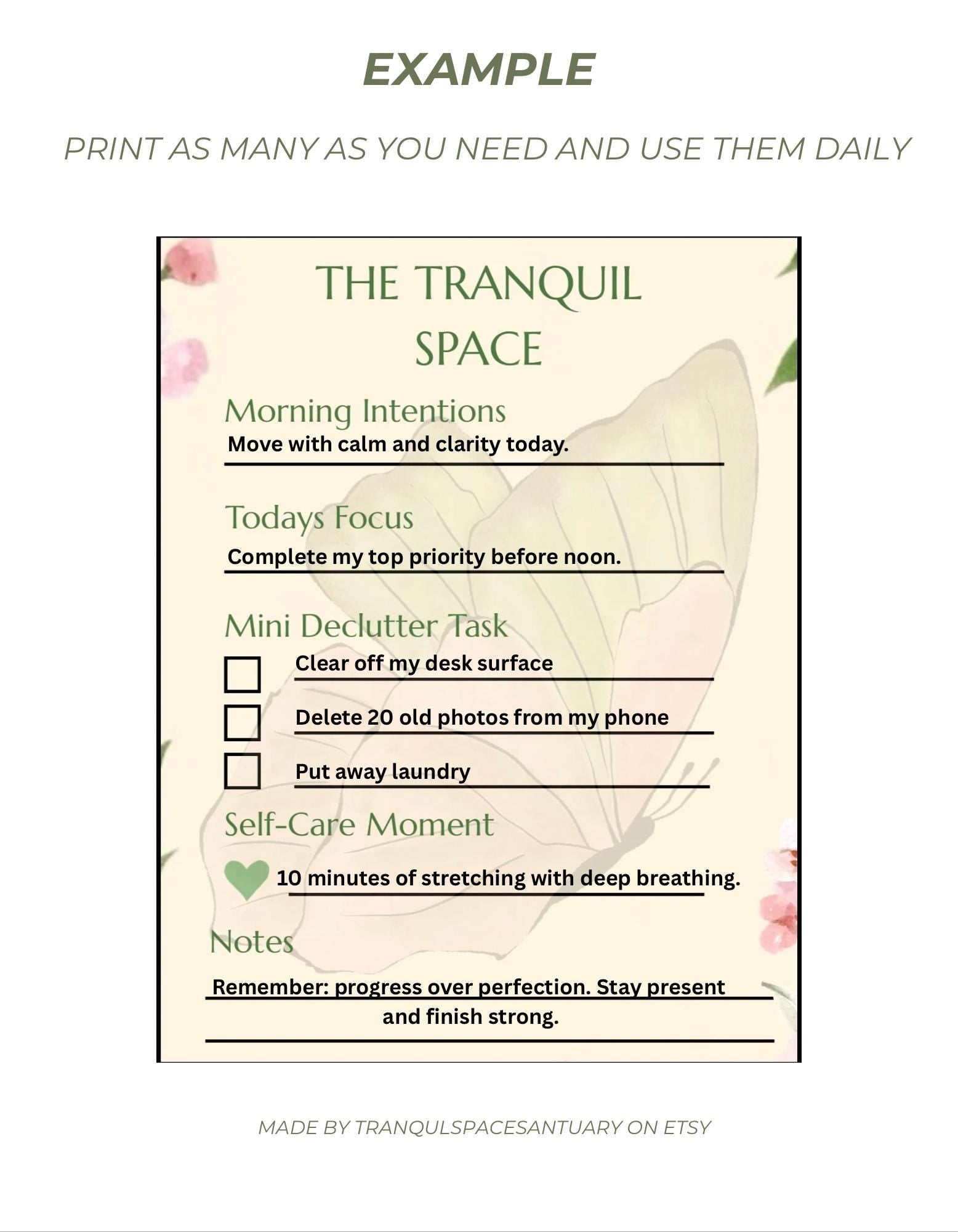 Tranquil Space Daily Planner | Morning Intentions, Self-Care Reset Sheet (Digital Download)