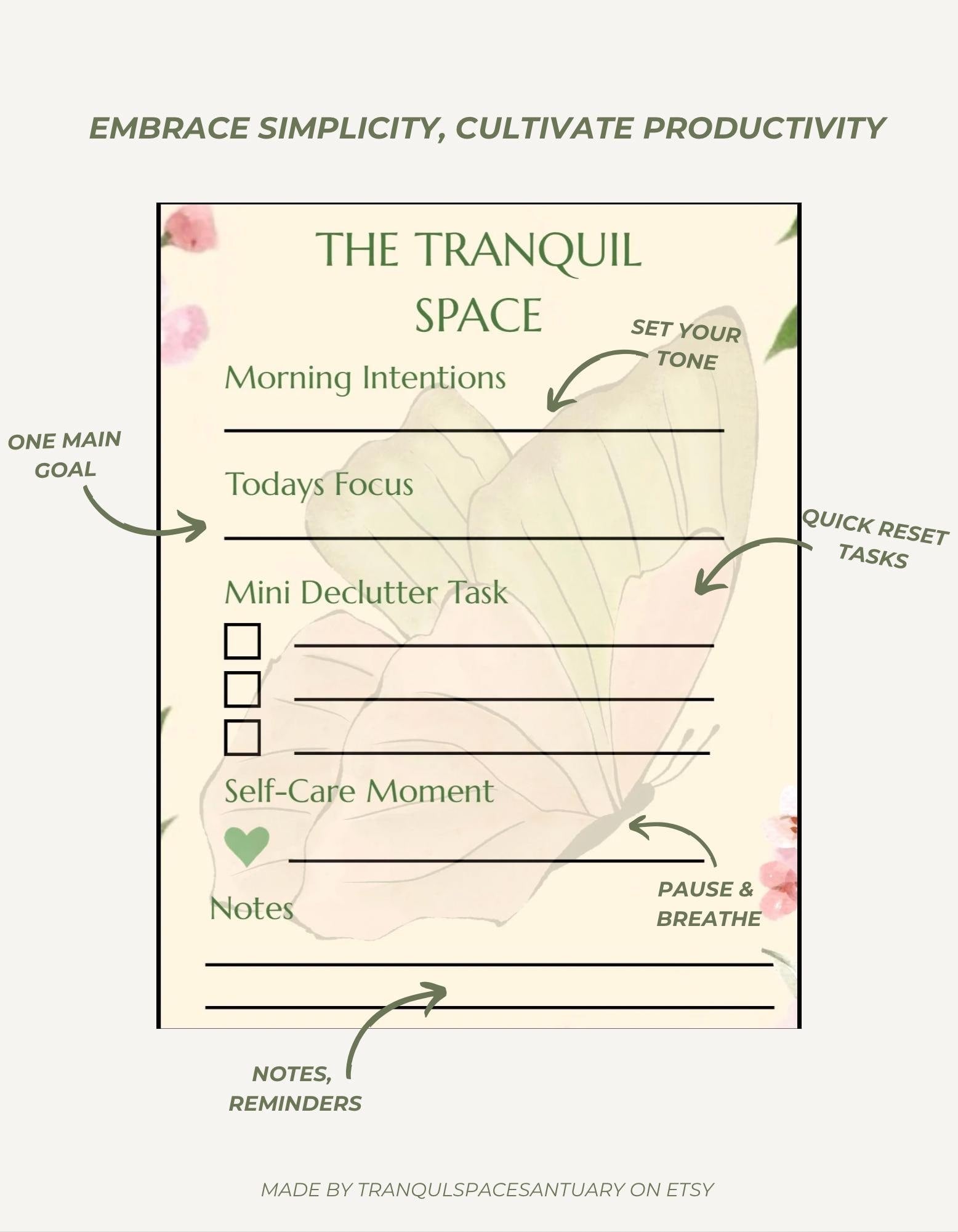 Tranquil Space Daily Planner | Morning Intentions, Self-Care Reset Sheet (Digital Download)