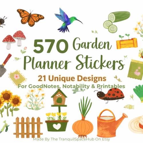570 Garden Planner Stickers | 21 Unique Botanical Designs (Digital Download)