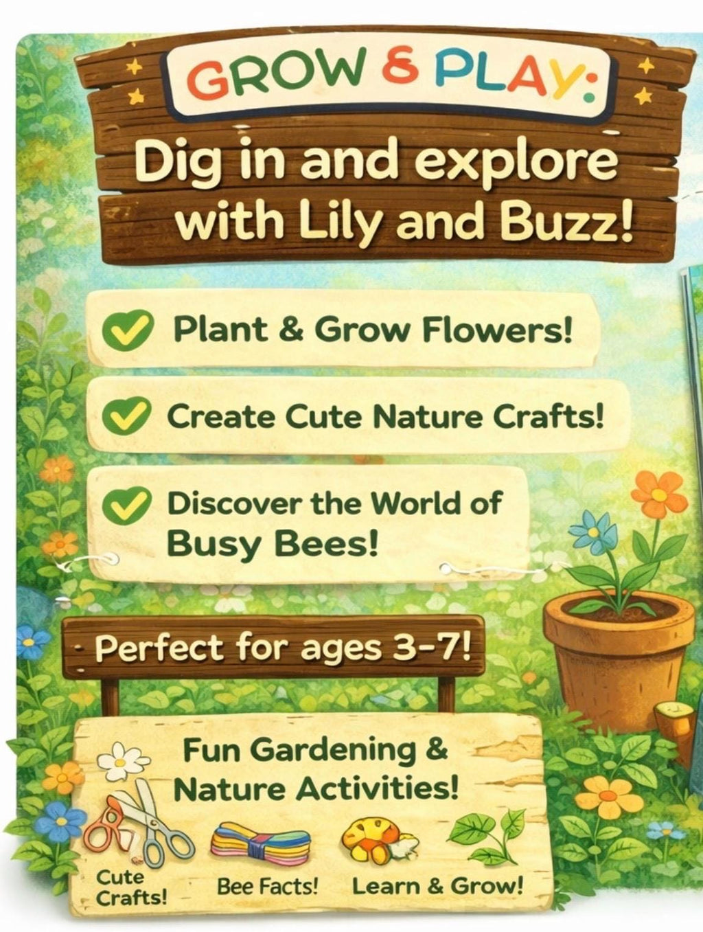 Kids Garden Activity Book | Nature Crafts, Bee Facts, Ages 3-7 (PDF)