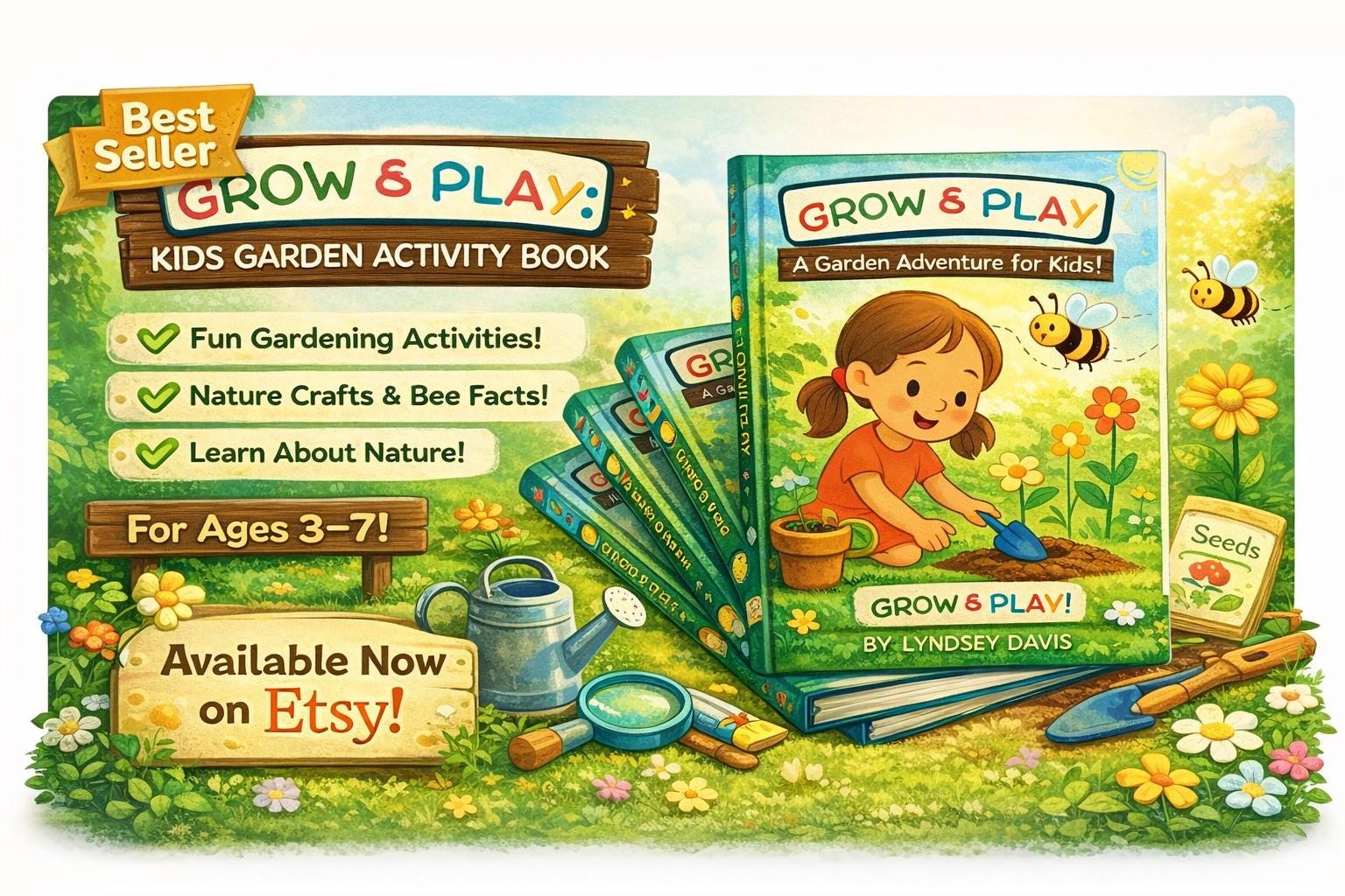 Kids Garden Activity Book | Nature Crafts, Bee Facts, Ages 3-7 (PDF)